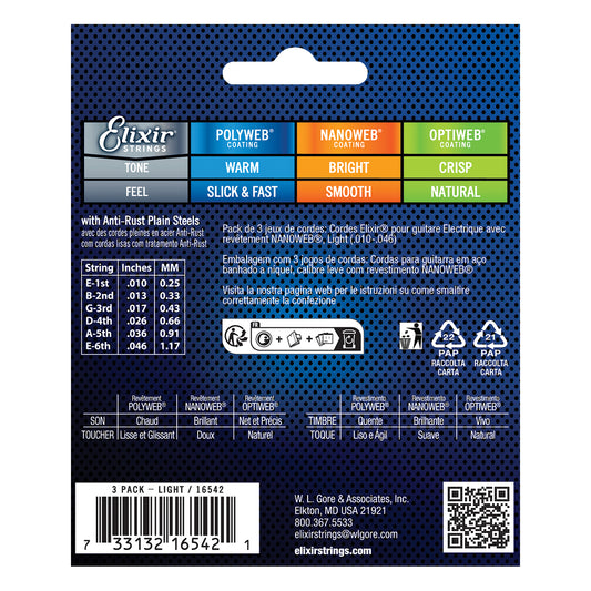 Elixir Nanoweb Nickel Plated Steel Electric Guitar Strings (3 Pack) E16542 Light (10-46)