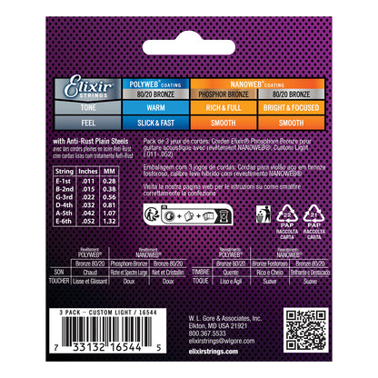 Elixir Nanoweb Phosphor Bronze Acoustic Guitar Strings (3 Pack) E16544 Custom Light (11-52)