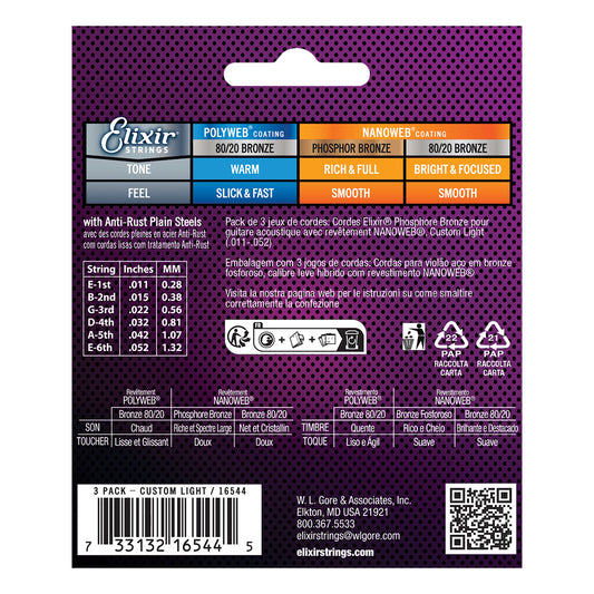 Elixir Nanoweb Phosphor Bronze Acoustic Guitar Strings (3 Pack) E16544 Custom Light (11-52)