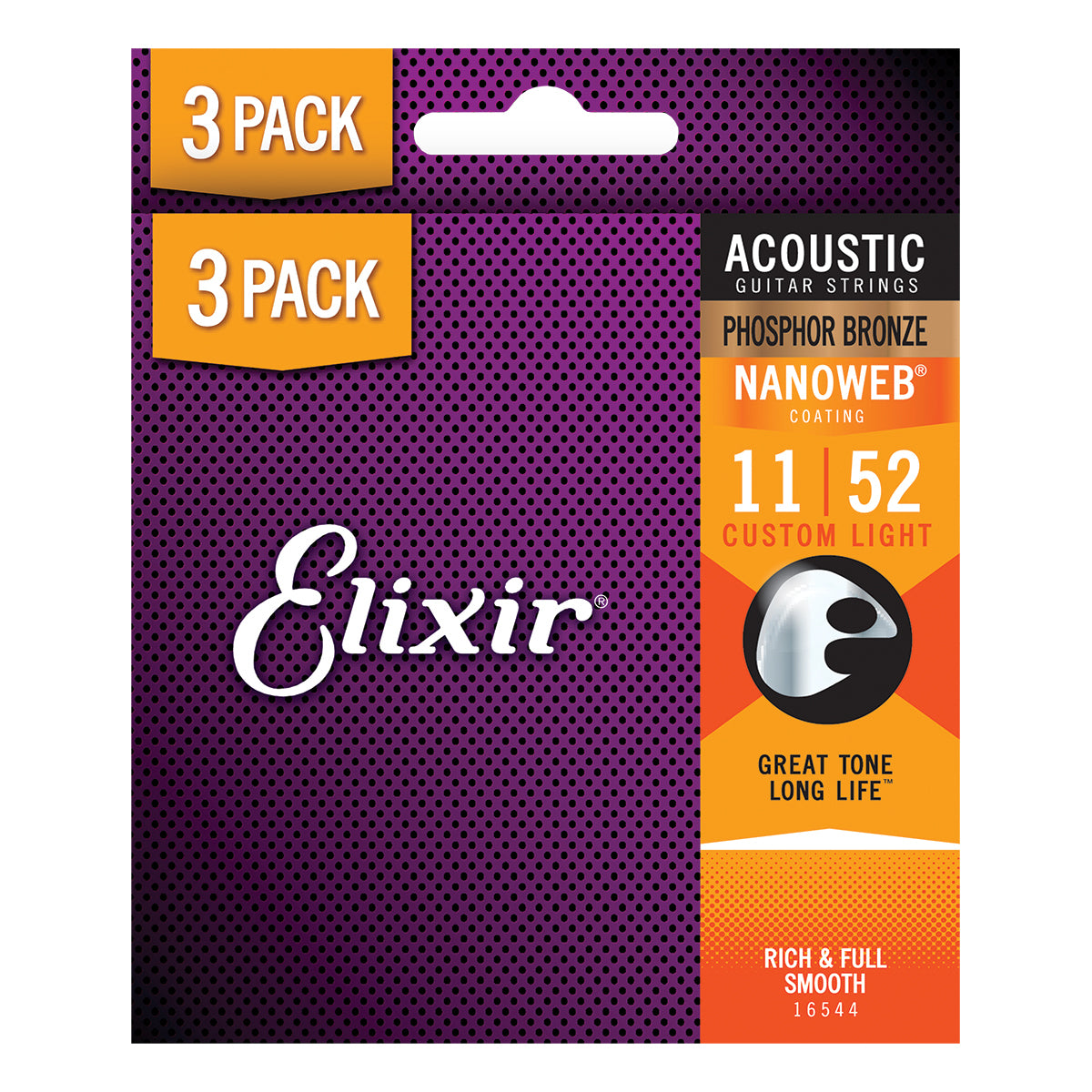 Elixir Nanoweb Phosphor Bronze Acoustic Guitar Strings (3 Pack) E16544 Custom Light (11-52)