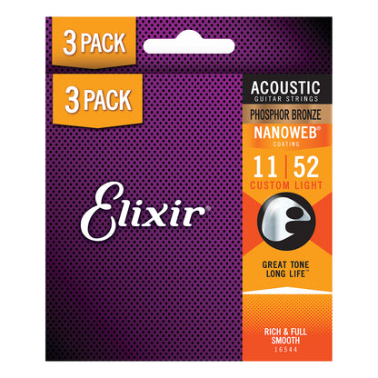 Elixir Nanoweb Phosphor Bronze Acoustic Guitar Strings (3 Pack) E16544 Custom Light (11-52)