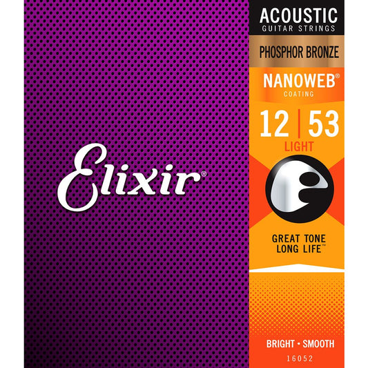 Elixir Nanoweb Phosphor Bronze Acoustic Guitar Strings 16052 Light (12-53)