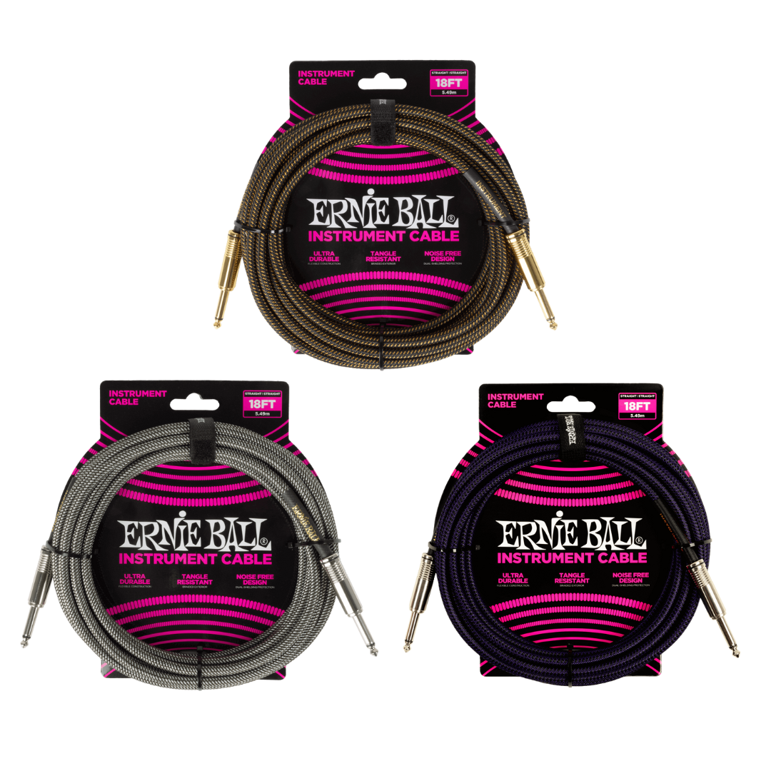 Ernie Ball 18' Braided Instrument Cable - Straight to Straight (Assorted Colours)