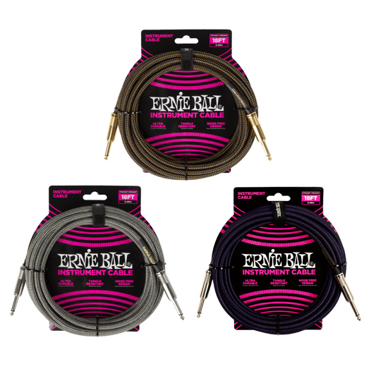 Ernie Ball 18' Braided Instrument Cable - Straight to Straight (Assorted Colours)