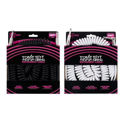 Ernie Ball 30' Coiled Instrument Cable - Straight to Angle (Assorted Colours)