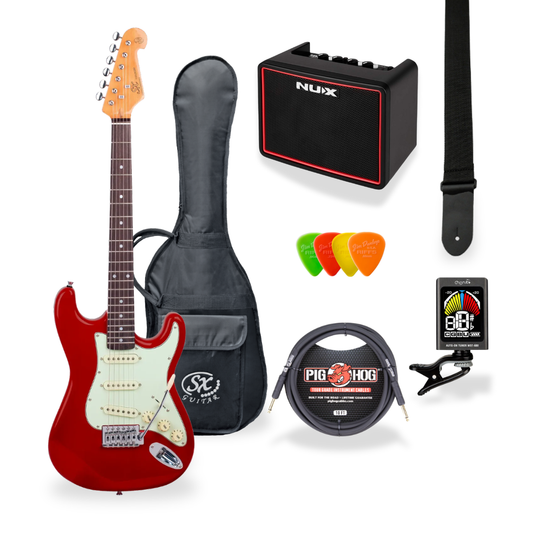 Southside Pack: SX VES34CAR 3/4-Sized Right-Handed Strat-Style Electric Guitar in Candy Apple Red