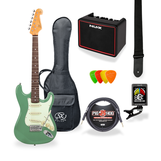 Southside Pack: SX VES34VGN 3/4-Sized Right-Handed Strat-Style Electric Guitar in Vintage Green