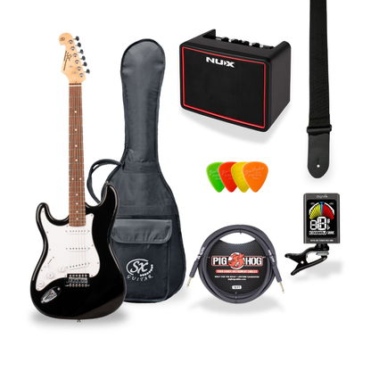Southside Pack: SX VES34LHB 3/4-Sized Left-Handed Strat-Style Electric Guitar in Black