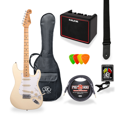 Southside Pack: SX VES57VWH Full-Sized Right-Handed Strat-Style Electric Guitar in Vintage White