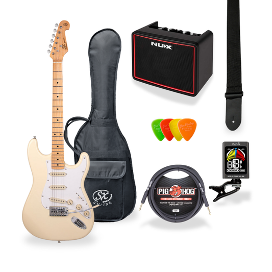 Southside Pack: SX VES57VWH Full-Sized Right-Handed Strat-Style Electric Guitar in Vintage White