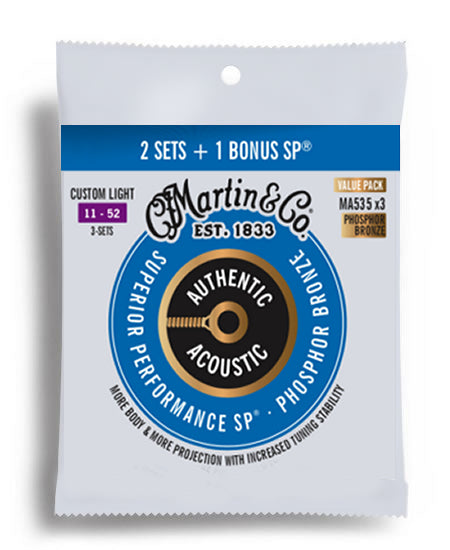 Martin MA535 Value 3-Pack Authentic Acoustic SP 92/8 Phosphor Bronze Custom Light Acoustic Guitar String Set (11-52)
