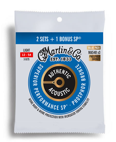Martin MA540 Value 3-Pack Authentic Acoustic SP 92/8 Phosphor Bronze Light Acoustic Guitar String Set (12-54)