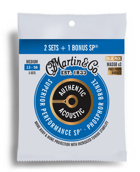 Martin MA550 Value 3-Pack Authentic Acoustic SP 92/8 Phosphor Bronze Medium Acoustic Guitar String Set (13-56)