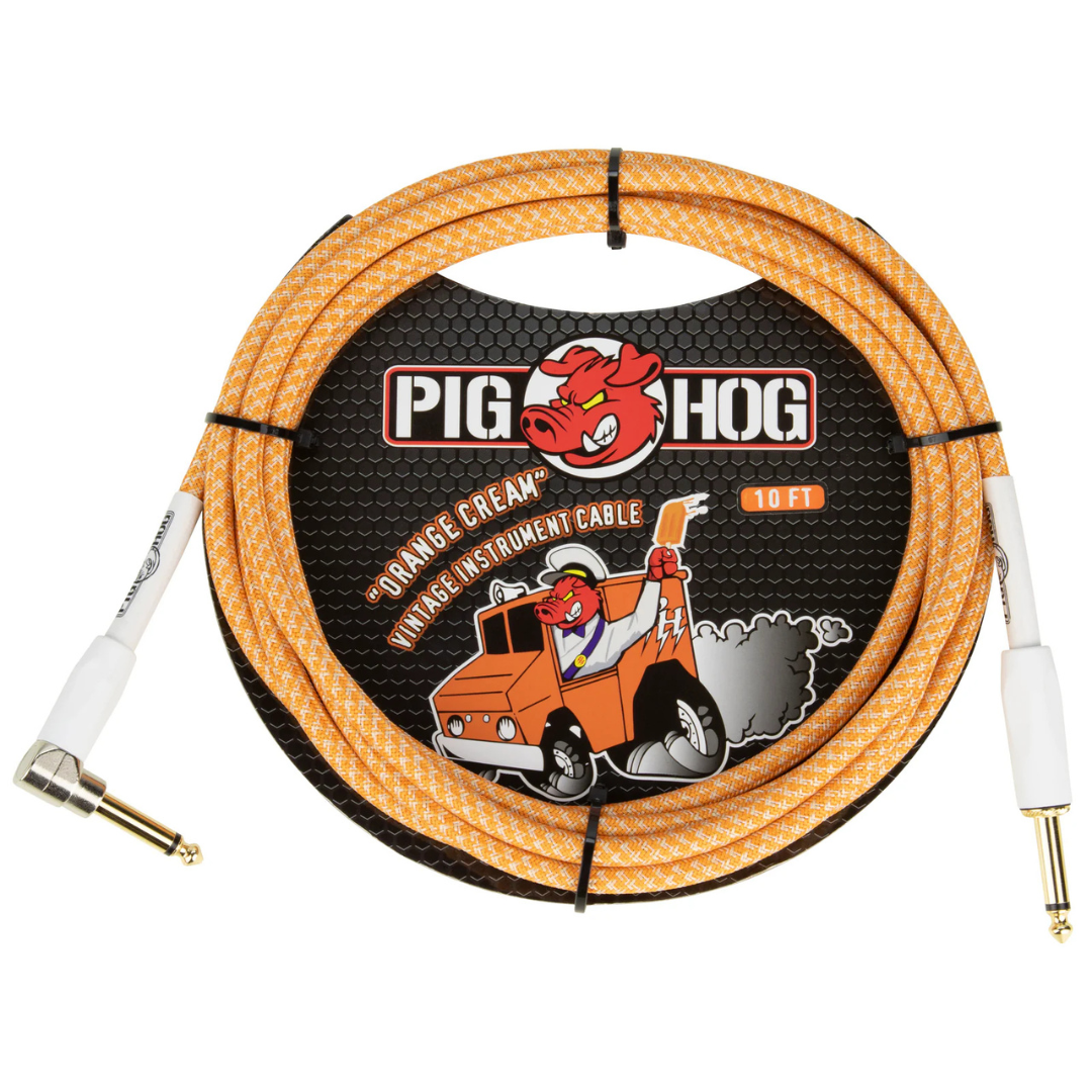 Pig Hog PCH102OCR 10ft Straight/Right Angle Braided Instrument Cable in Orange Creme