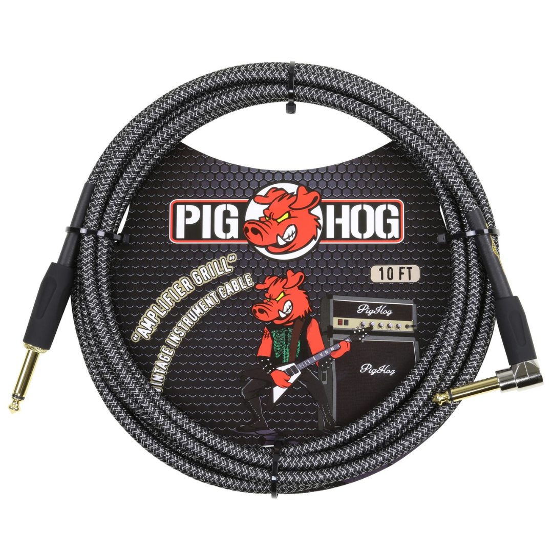 Pig Hog PCH10AGR 10ft Straight/Right Angle Braided Instrument Cable in Amplifier Grill Grey