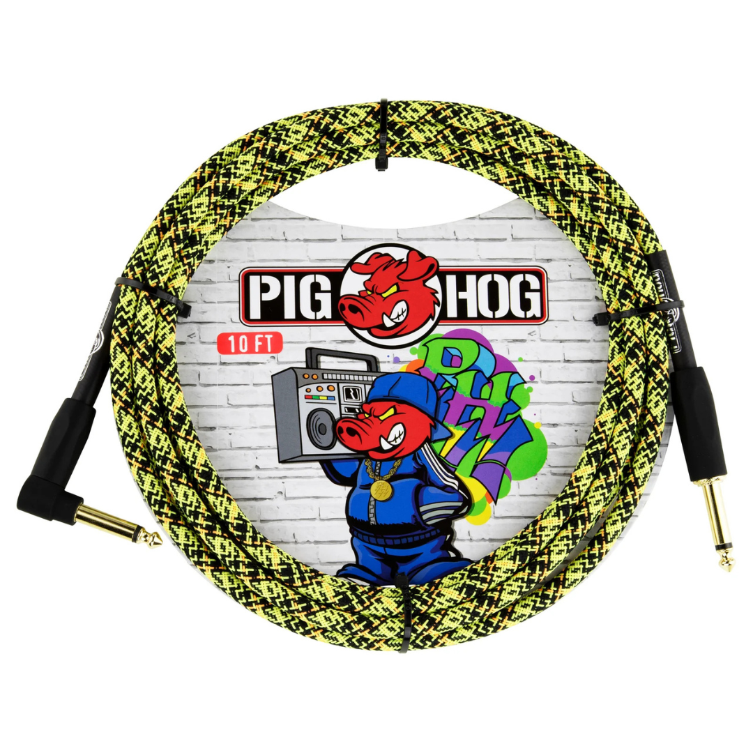 Pig Hog PCH10GYWR 10ft Straight/Right Angle Braided Instrument Cable in Yellow Graffiti