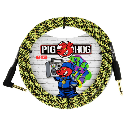Pig Hog PCH10GYWR 10ft Straight/Right Angle Braided Instrument Cable in Yellow Graffiti