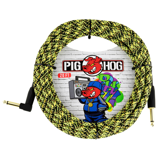 Pig Hog PCH20GYWR 20ft Straight/Right Angle Braided Instrument Cable in Yellow Graffiti