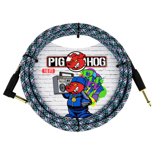 Pig Hog PCH10GBLR 10ft Straight/Right Angle Braided Instrument Cable in Blue Graffiti