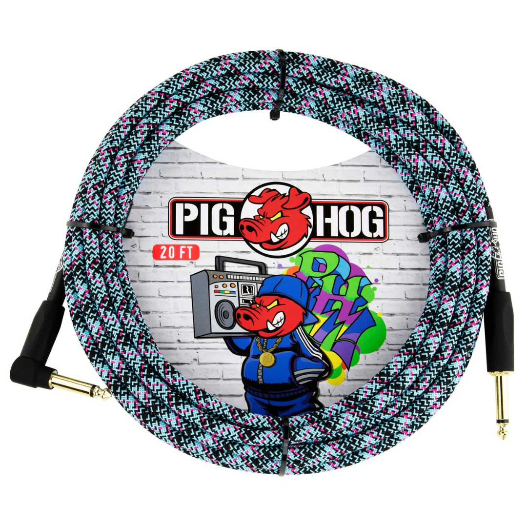 Pig Hog PCH20GBLR 20ft Straight/Right Angle Braided Instrument Cable in Blue Graffiti