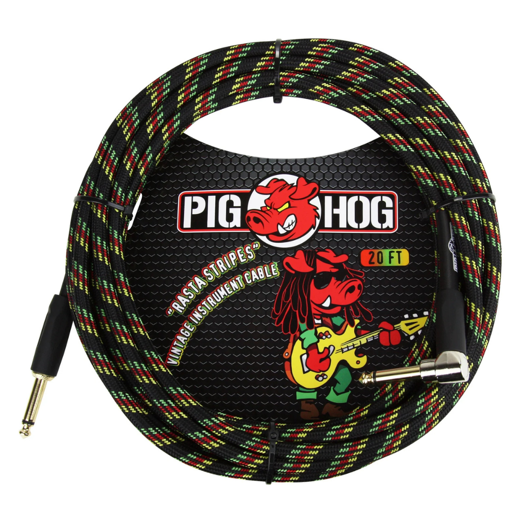 Pig Hog PCH20RAR 20ft Straight/Right Angle Braided Instrument Cable in Rasta Stripes