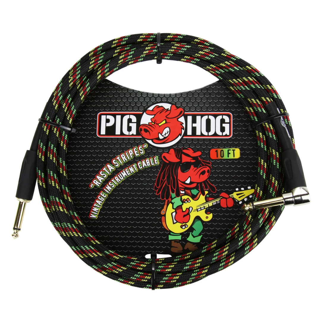 Pig Hog PCH10RAR 10ft Straight/Right Angle Braided Instrument Cable in Rasta Stripes