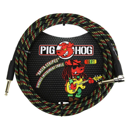 Pig Hog PCH10RAR 10ft Straight/Right Angle Braided Instrument Cable in Rasta Stripes