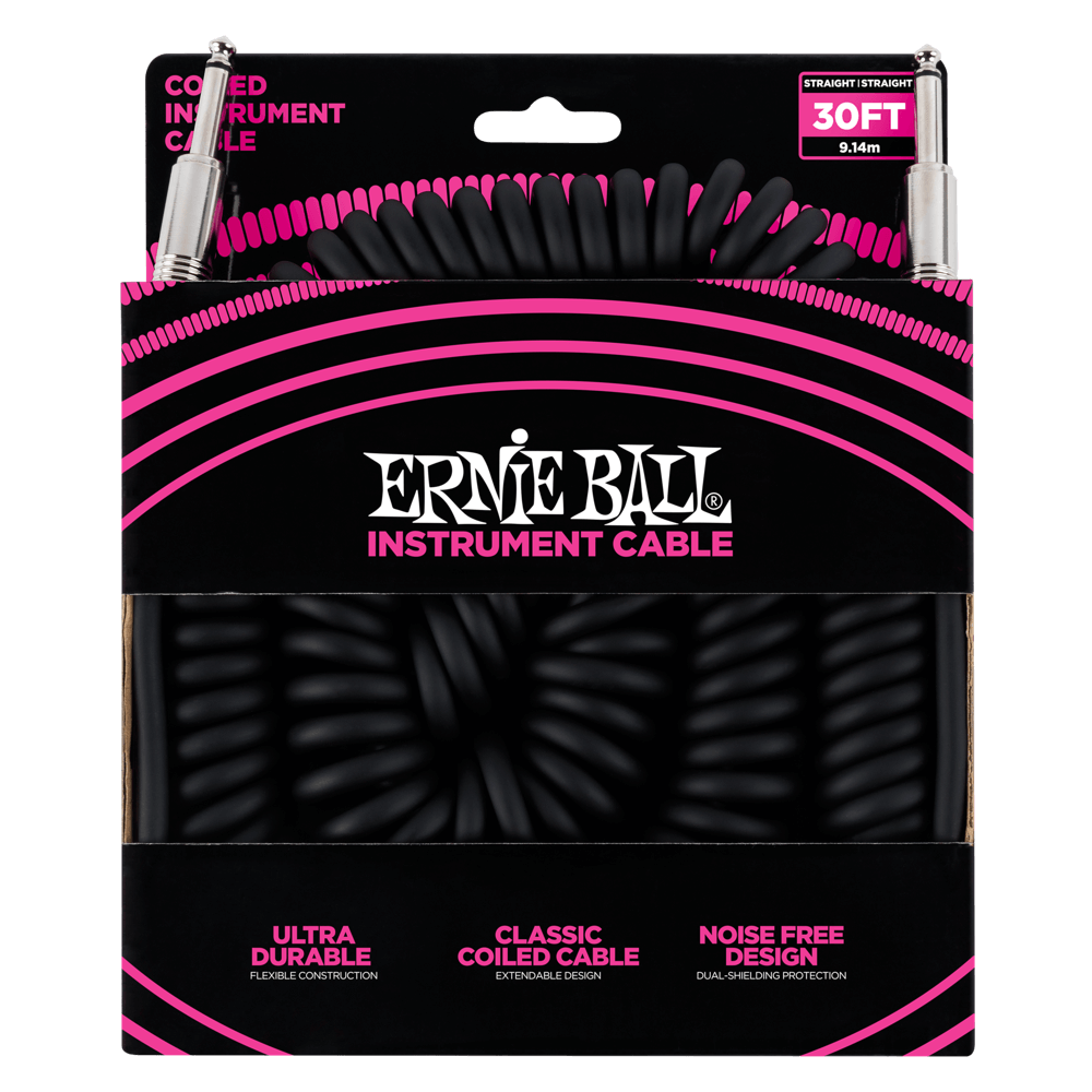 Ernie Ball 30' Coiled Instrument Cable - Straight to Angle (Assorted Colours)