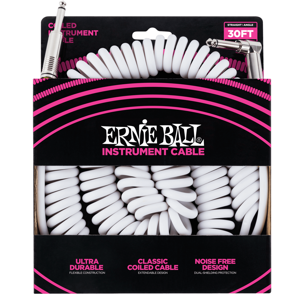 Ernie Ball 30' Coiled Instrument Cable - Straight to Angle (Assorted Colours)