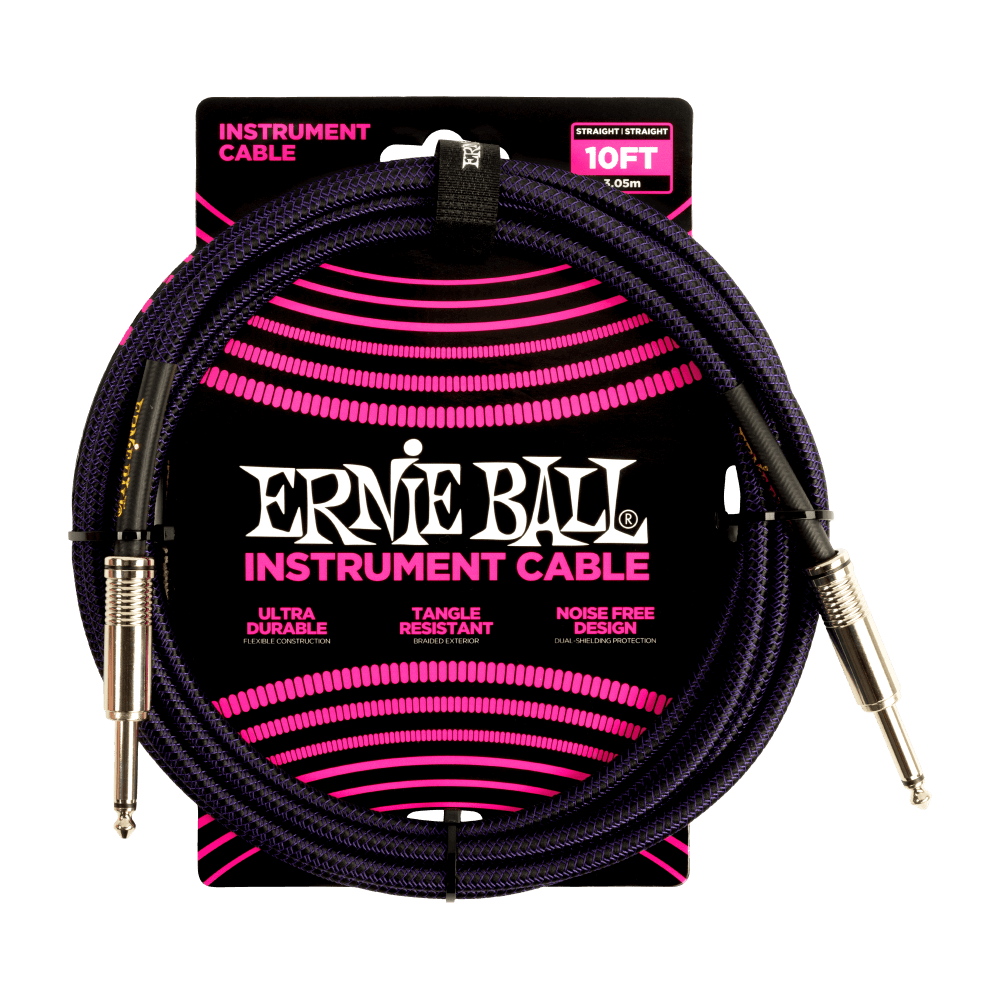 Ernie Ball 10' Braided Instrument Cable - Straight to Straight (Assorted Colours)