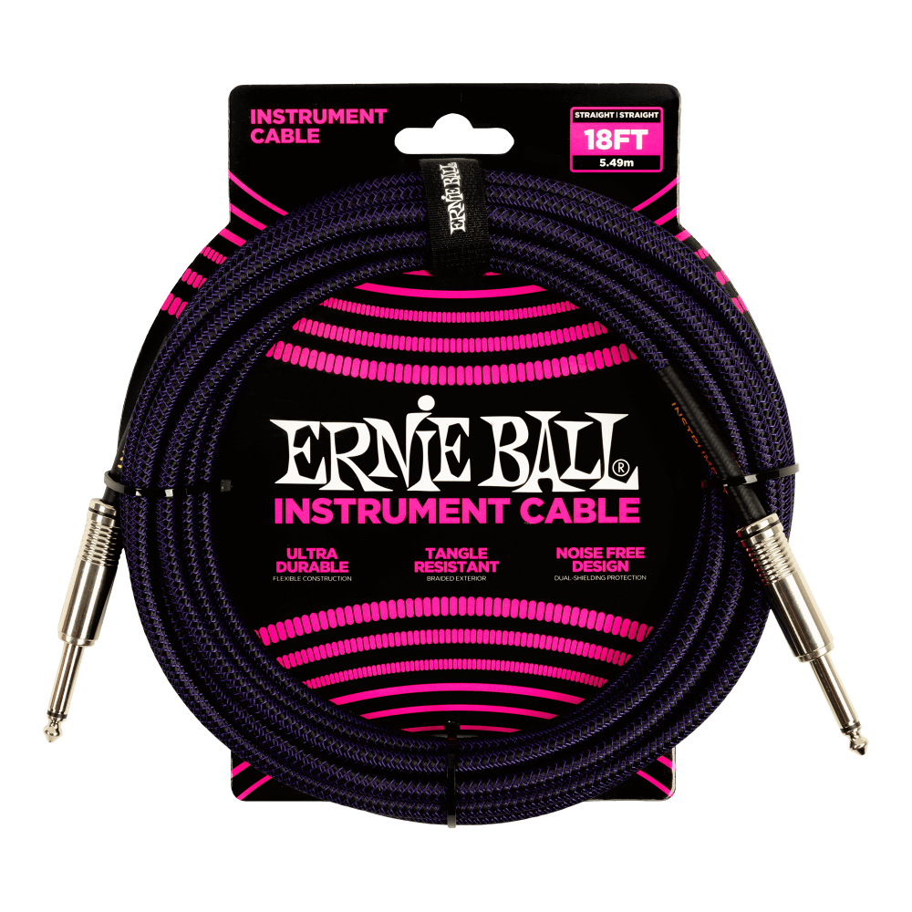 Ernie Ball 18' Braided Instrument Cable - Straight to Straight (Assorted Colours)