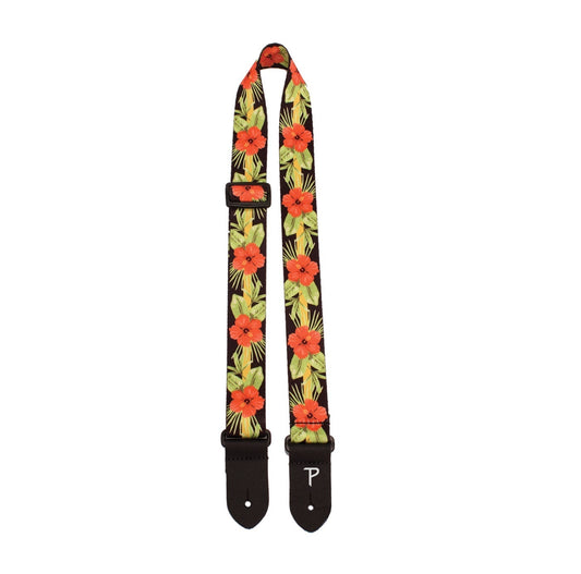Perris PS7095 1.5" Polyester Ukulele Strap in Orange Luau Floral Design with Leather ends