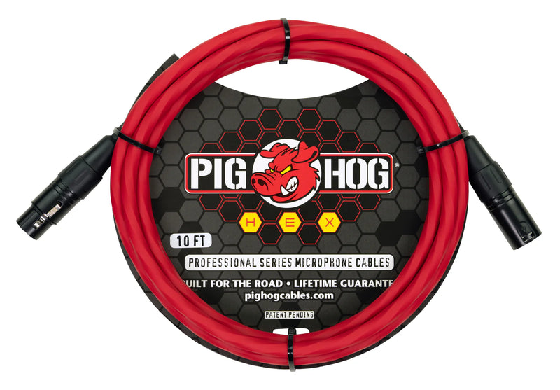 Pig Hog PHMH10CA Hex Series Mic Cable, 10ft in Candy Apple Red