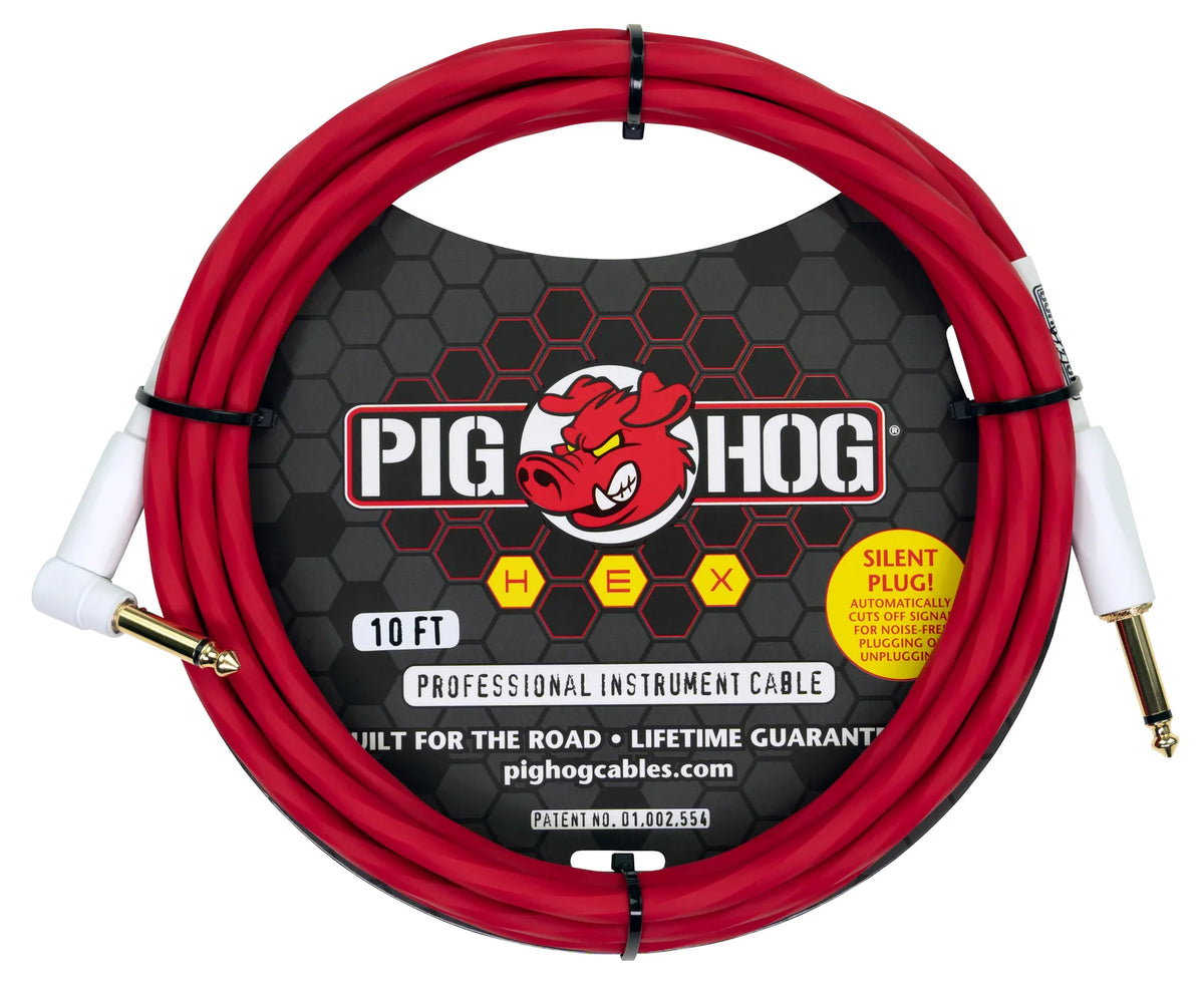 Pig Hog PHSH10CAR Hex Series Silent Instrument Cable 10 ft Candy Apple Red, Right Angle