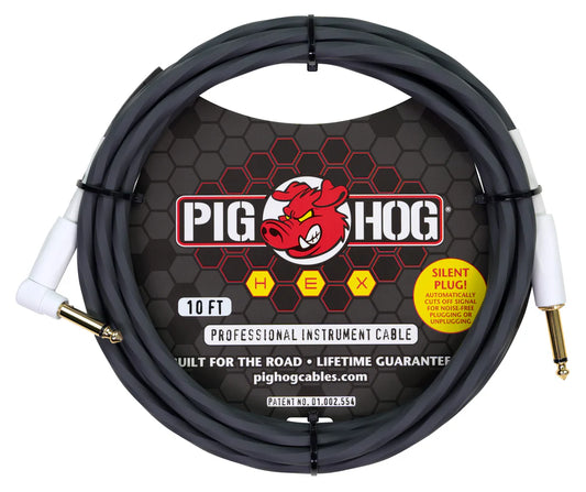PIG HOG PHSH10GRR Hex Series Silent Instrument Cable 10 ft Grey, Right Angle