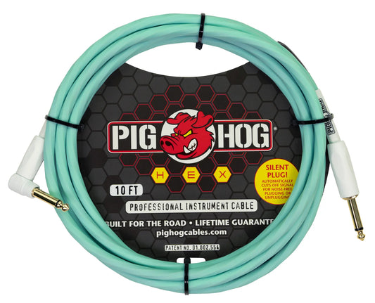 Pig Hog PHSH10SGR Hex Series Silent Instrument Cable 10 ft Seafoam Green, Right Angle