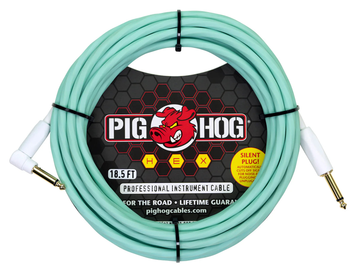 Pig Hog PHSH186SGR Hex Series Silent Instrument Cable 18.6 ft Seafoam Green, Right Angle