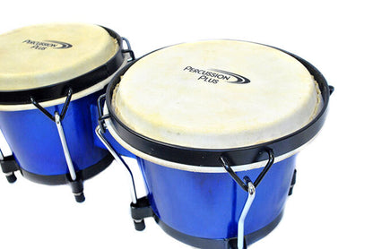 Percussion Plus PPB3BLUE 6 & 6-3/4" Wooden Bongos in Gloss Blue Lacquer Finish in Bongo Bag