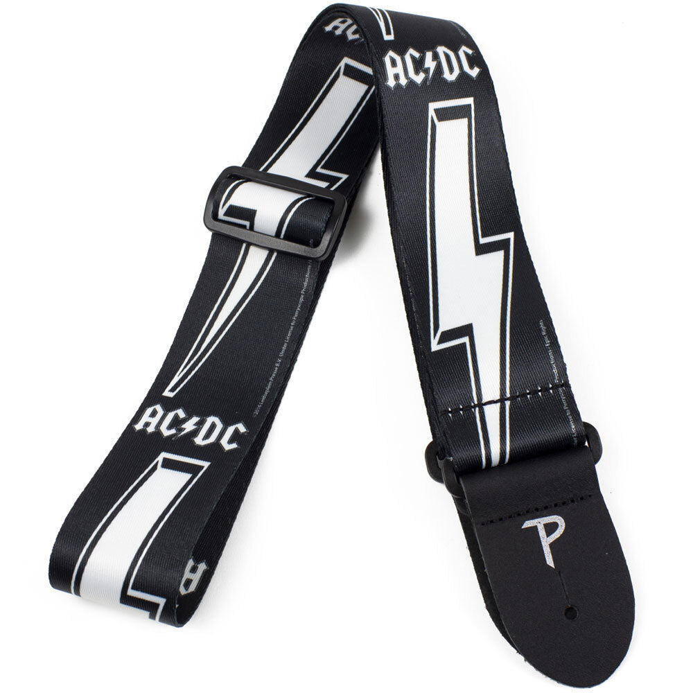 Perris PS1035 2" Polyester "AC/DC - White Logo & Lightning Bolt on Black" Licensed Guitar Strap
