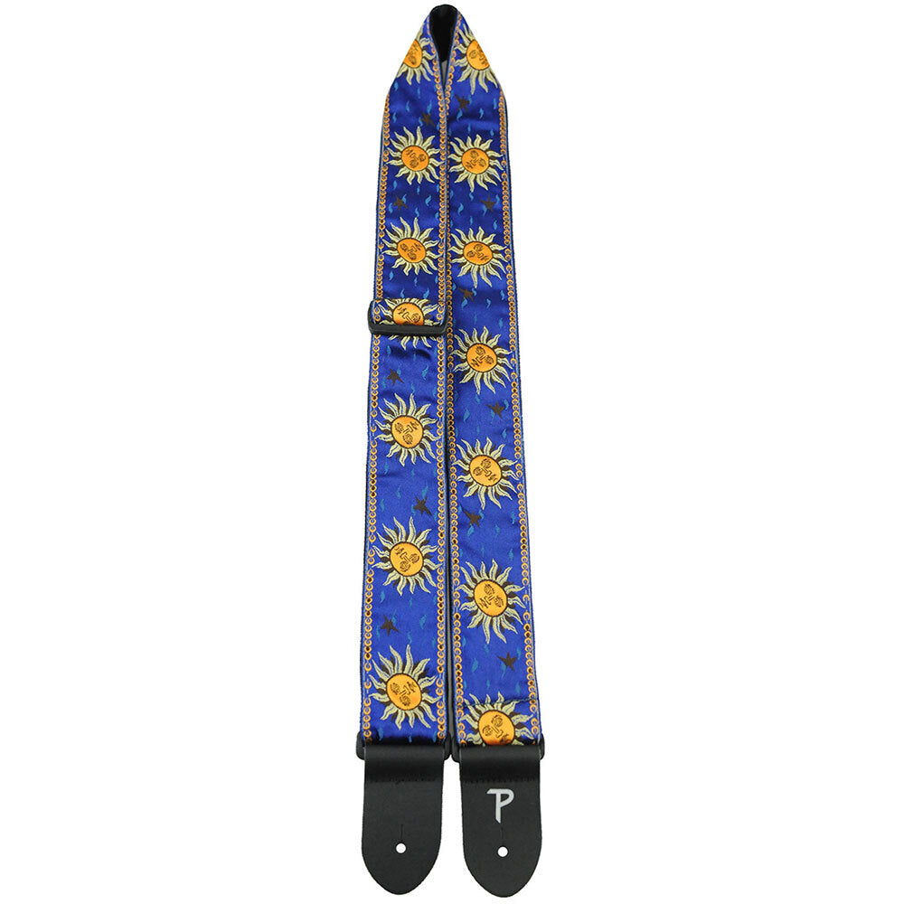 Perris PS7009 2" Jacquard Guitar Strap with "Suns on Royal Blue" Design & Leather ends