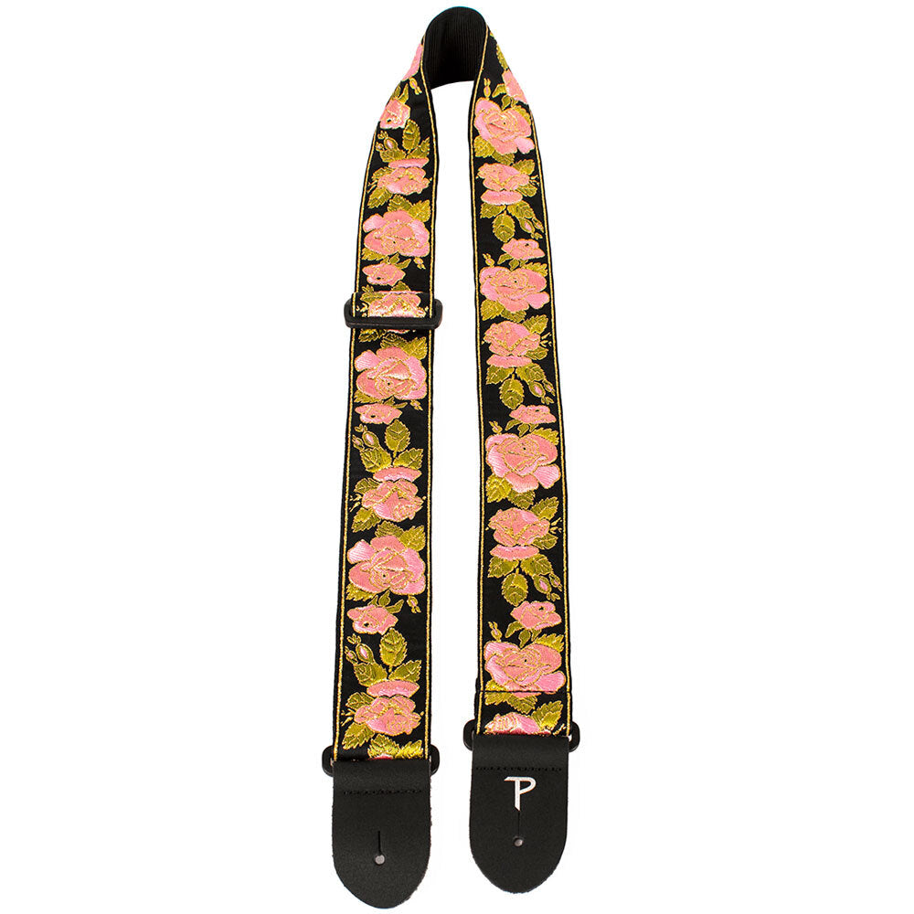 Perris PS7250 2" Jacquard Guitar Strap with "Pink Flowers on Black" Design & Leather ends