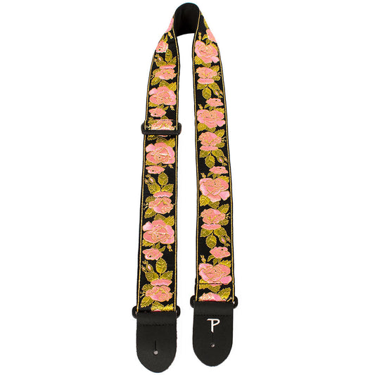 Perris PS7250 2" Jacquard Guitar Strap with "Pink Flowers on Black" Design & Leather ends