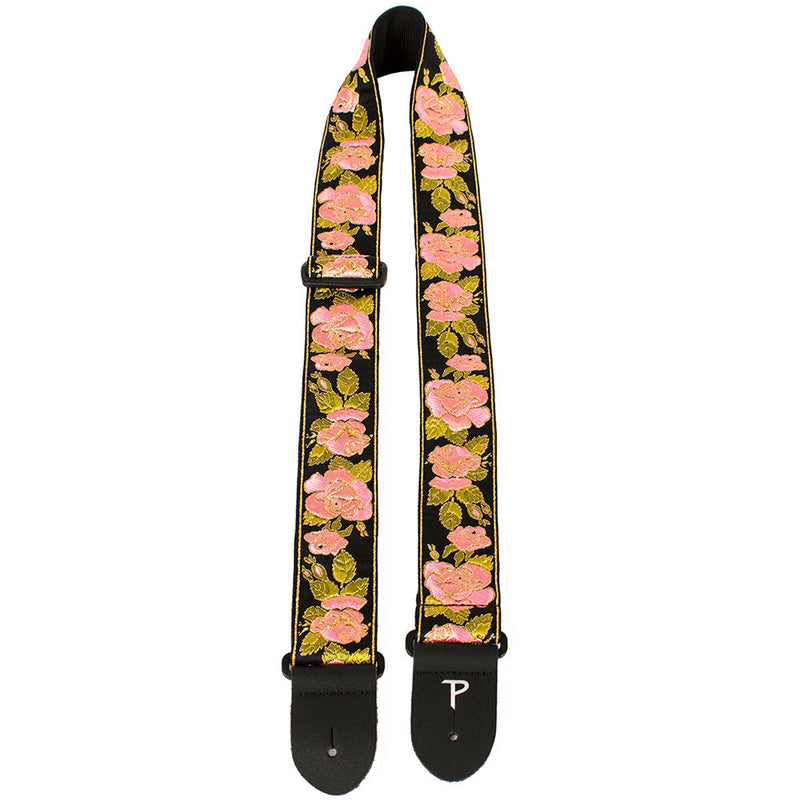 Perris PS7250 2" Jacquard Guitar Strap with "Pink Flowers on Black" Design & Leather ends