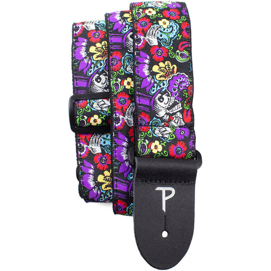 Perris PS7274 2" Jacquard Guitar Strap with "Floral Skulls" Design & Leather ends