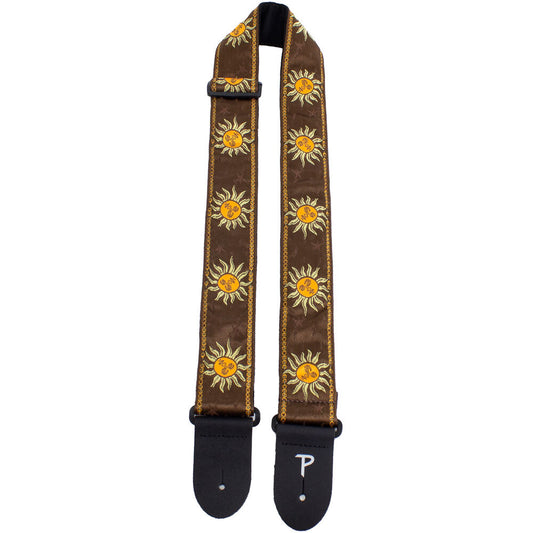 Perris PS7636 2" Jacquard Guitar Strap with "Suns on Brown" Design & Leather ends
