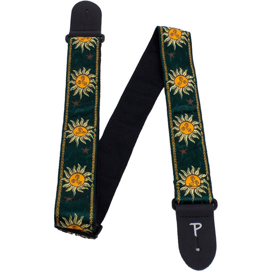 Perris PS7637 2" Jacquard Guitar Strap with "Suns on Emerald Green" Design & Leather ends