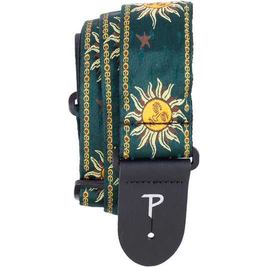 Perris PS7637 2" Jacquard Guitar Strap with "Suns on Emerald Green" Design & Leather ends