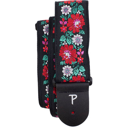 Perris PS7788 2.5" Jacquard Guitar Strap with "Red Floral on Black" Design & Leather ends