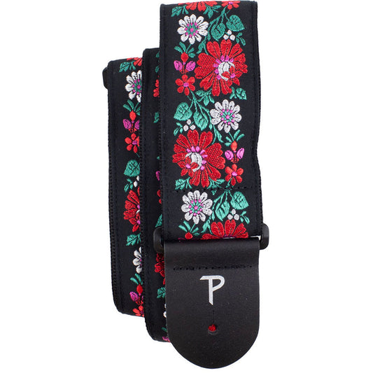Perris PS7788 2.5" Jacquard Guitar Strap with "Red Floral on Black" Design & Leather ends