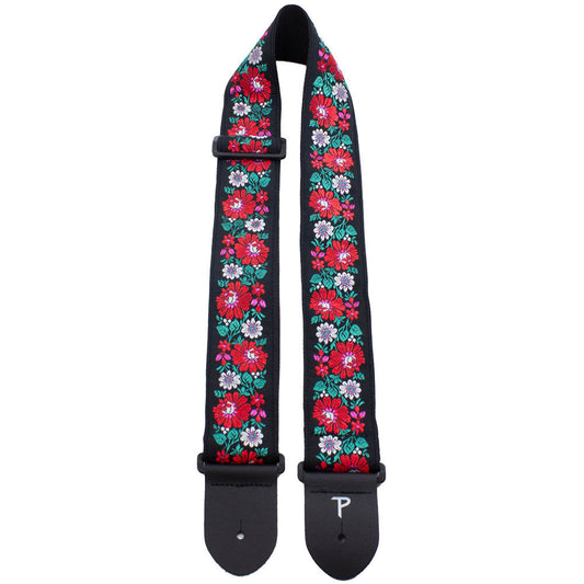 Perris PS7788 2.5" Jacquard Guitar Strap with "Red Floral on Black" Design & Leather ends